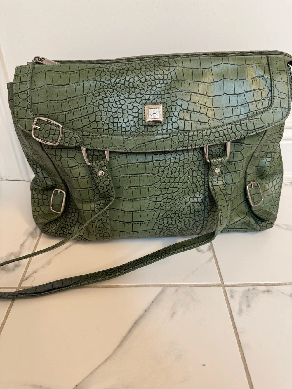 Diane Von Furstenberg Olive Green Croc-Embossed Shoulder Bag